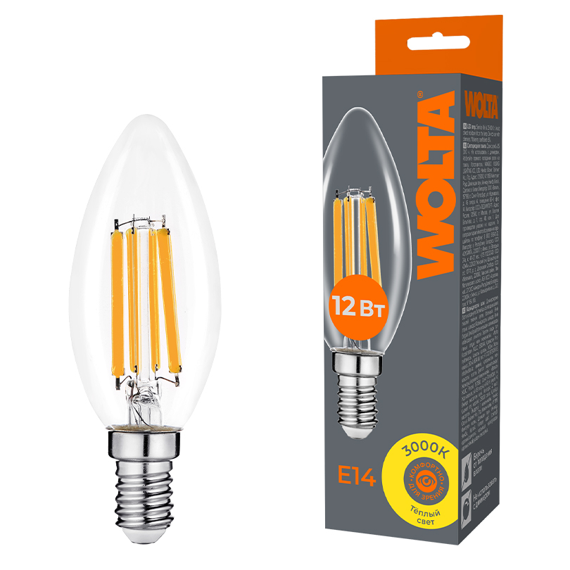 картинка Светодиодная лампа WOLTA Filament WF-C35-12W3KE14 магазин pro-decor.kz являющийся официальным дистрибьютором в Казахстане картинка Светодиодная лампа WOLTA Filament WF-C35-12W3KE14 от магазина pro-decor.kz