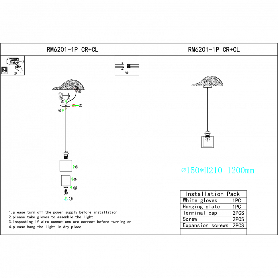картинка Светильник подвесной iLamp King RM6201-1P CR+CL от магазина pro-decor.kz