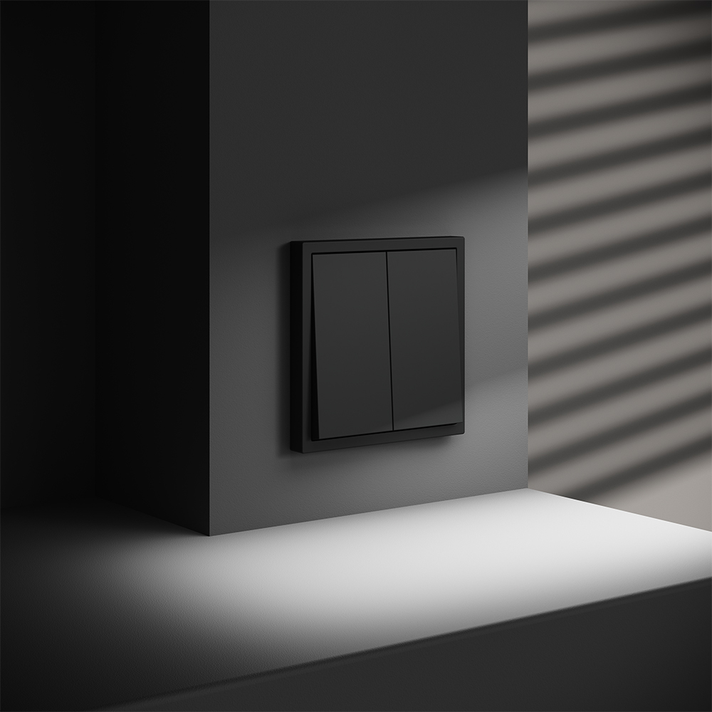 картинка Проходной переключатель встраиваемый VOLTUM S70 двухклавишный 10А, (черный матовый) VLS020308 от магазина pro-decor.kz